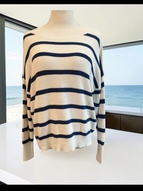 New! KINROSS Winter White & Royale Rib Stripe Pullover Size Medium